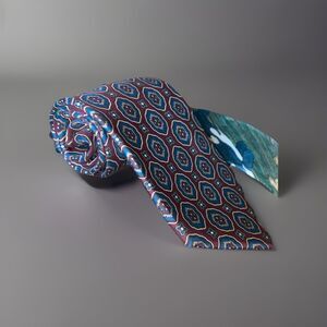 VTG CULWELL & SON MEN'S TIE Burgundy w/ Blue Geo pattern Width: 3.5" Length: 58"